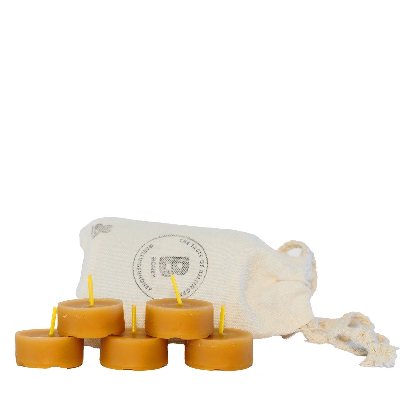 Hand-Poured Beeswax Tea Lights in Linen Calico Bag – Pack of 5
